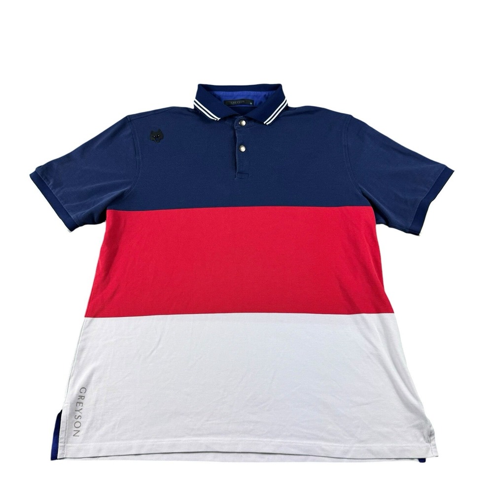 Greyson Red White Blue Colorblock Spellout Collar Performance Golf Polo Mens M